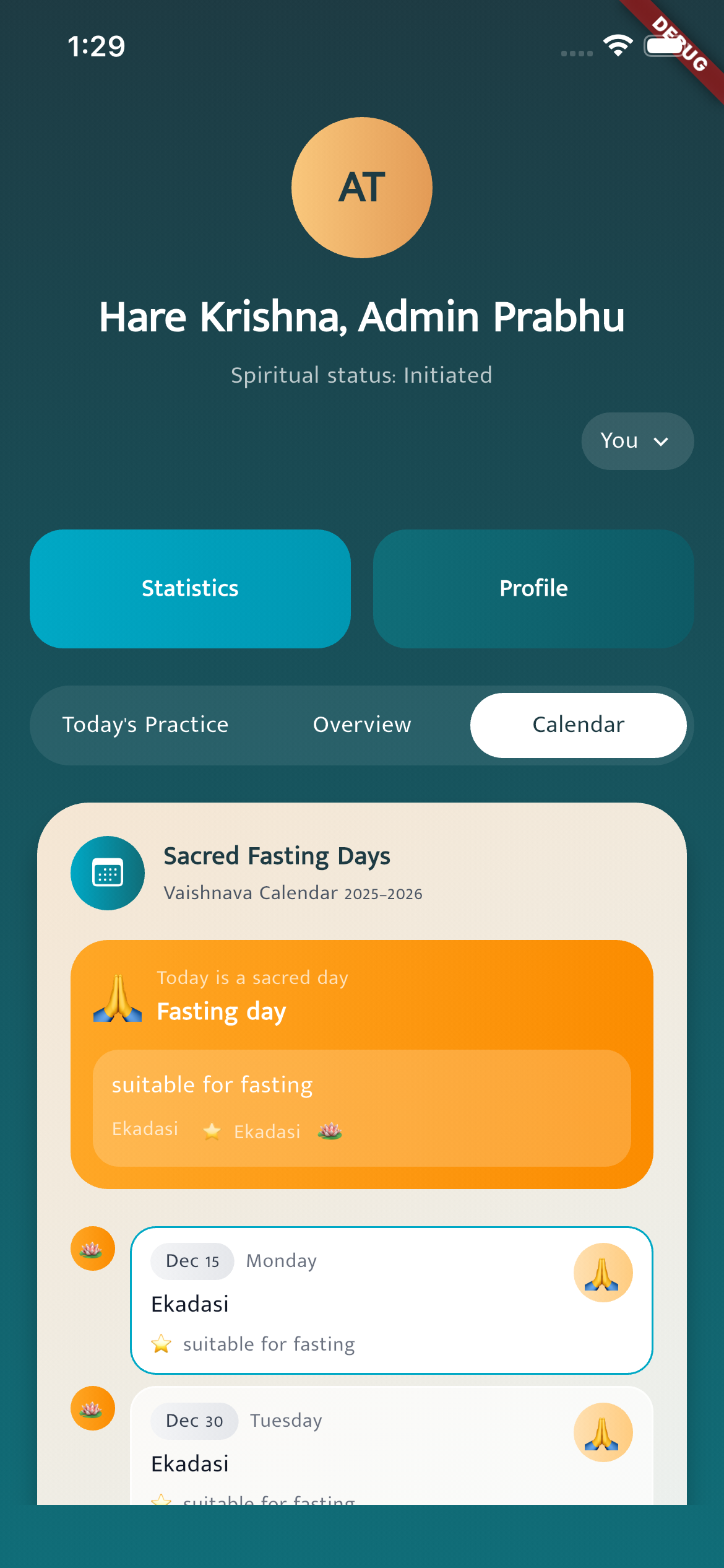 Calendar tab with Vaishnava events